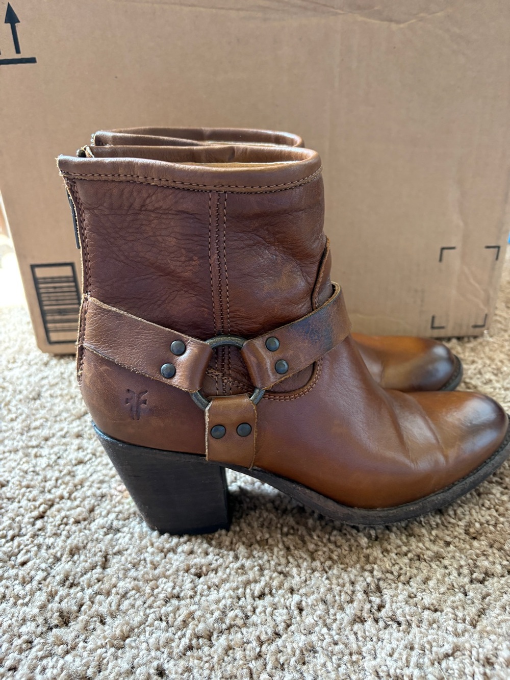 Frye Woman's Tabitha Cognac Brown Leather Harness Ankle Boots Size 8